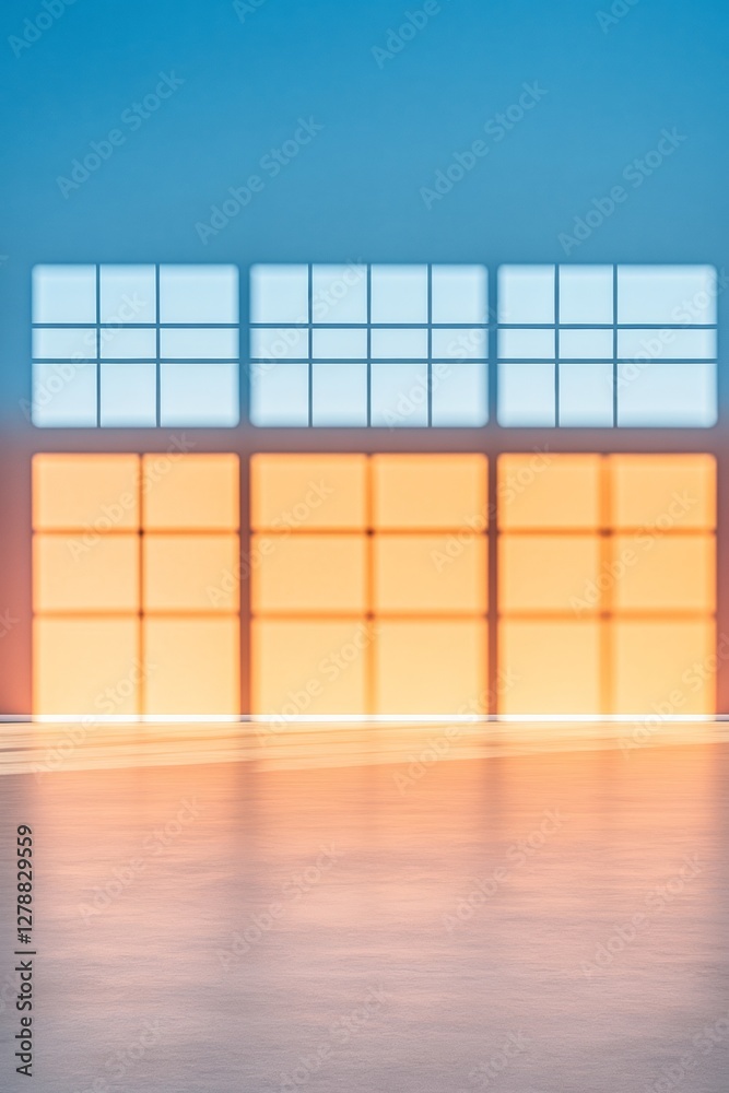 Poster neon minimalist design dynamic orange light panels on reflective surface - innovative event space de