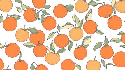 Ripe oranges with leaves, seamless pattern, white background, food design