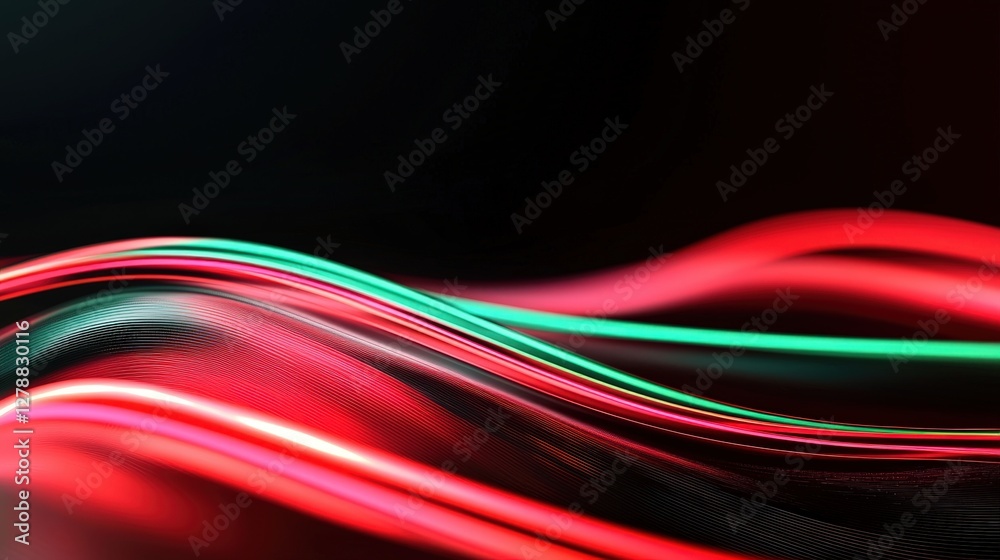 Poster a vibrant display of red and green light waves flowing smoothly against a dark background, creating 