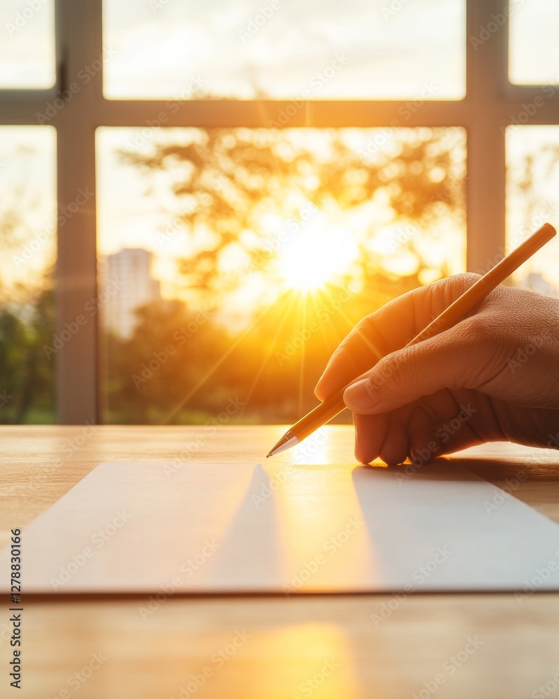 Poster golden hour inspired document planning setup on wooden desk analog tools for enhanced project manage
