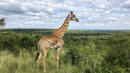 Obraz premium Majestic Giraffe Standing Tall Against Panoramic Savanna Landscape