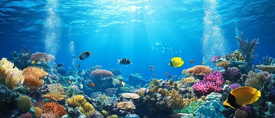 Naklejka premium A vivid 3D underwater landscape, with towering coral structures, exotic fish, and majestic sea creatures swimming beneath a shimmering ocean surface