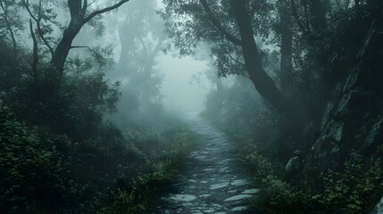 Fototapeta premium A narrow path winding through a misty ancient forest