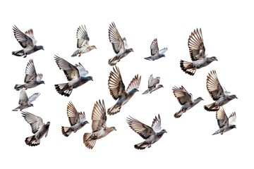 Obraz premium Flocks of pigeons soar gracefully in the sky, their wings fully extended and feathers displayed in vivid detail, showcasing a stunning display of nature