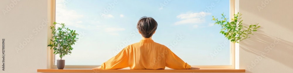 Poster zen workspace inspiration minimalist office with man in yellow robe, open window and sky view - mode