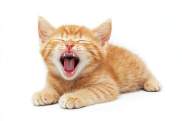 Obraz premium Energetic orange kitten yawning on a clean white background showcasing sharp details and realistic lighting