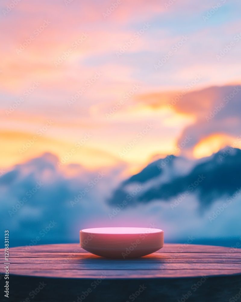 Poster mystical sunrise display levitating object with ethereal glow on wooden platform - commercial magic 