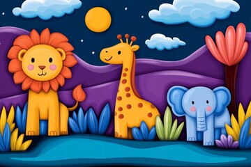 Obraz premium A vibrant jungle scene showcasing a lion, giraffe, elephant, and various animals gathered near a lush waterway during daylight hours