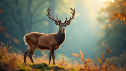 A majestic deer with large antlers stands in a sunlit forest, perfect for a deer wallpaper.