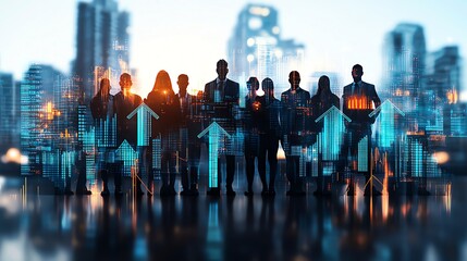 Silhouettes of business professionals with upward arrows, symbolizing growth and success against a city skyline. Conceptual image of corporate progress and teamwork.