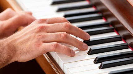 Obraz premium Close-Up of a Hand Playing Piano Keys in Soft Natural Light