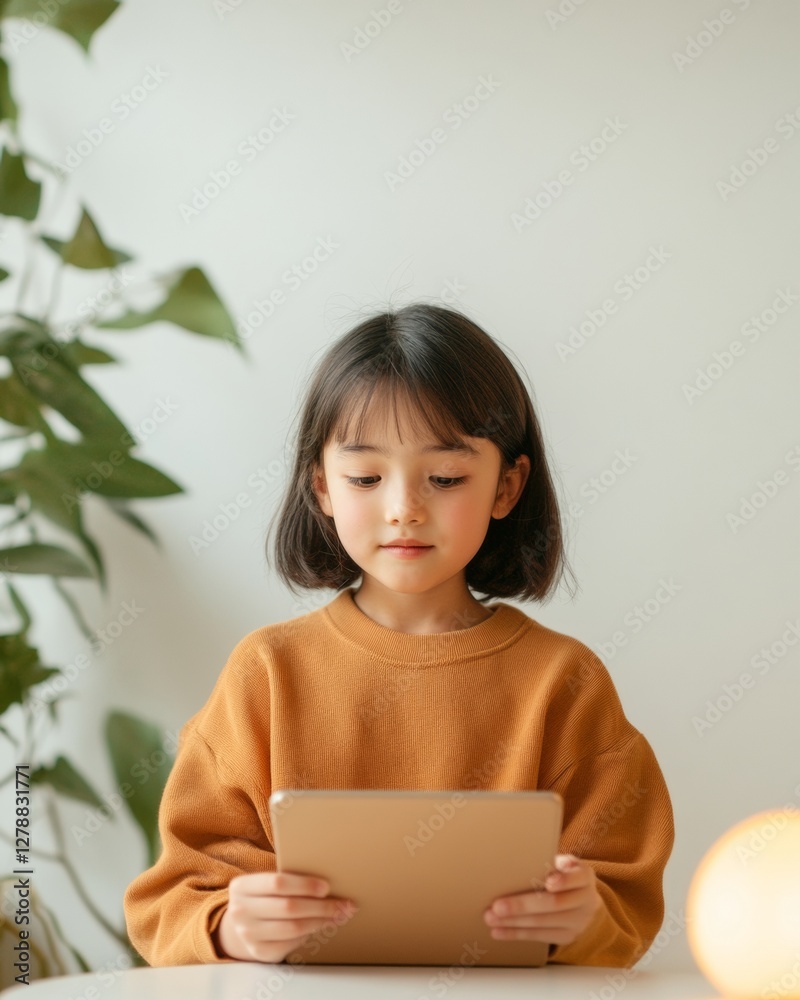 Aufkleber interactive learning experience young east asian girl engaged in virtual math lesson on tablet - mod