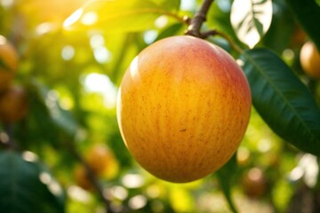 Ripe mango hanging from tree with green leaves and sunlight