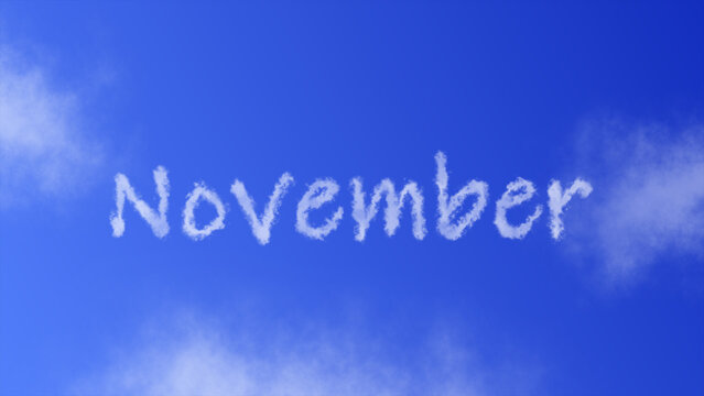 "November" text with a cloud effect, appearing in a bright blue sky, symbolizing autumn, transition, and seasonal change
