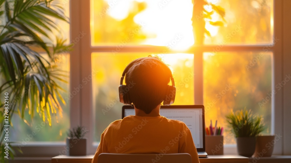 Poster sunlit hybrid learning young student engaged in virtual class with headphones in minimalist study sp