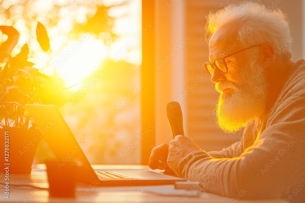 Poster Golden Hour Learning Senior Educator Engaged in Virtual Classroom via Laptop and Microphone - Enhancing Digital Education and Student Interaction with Warm, Inviting Aesthetics