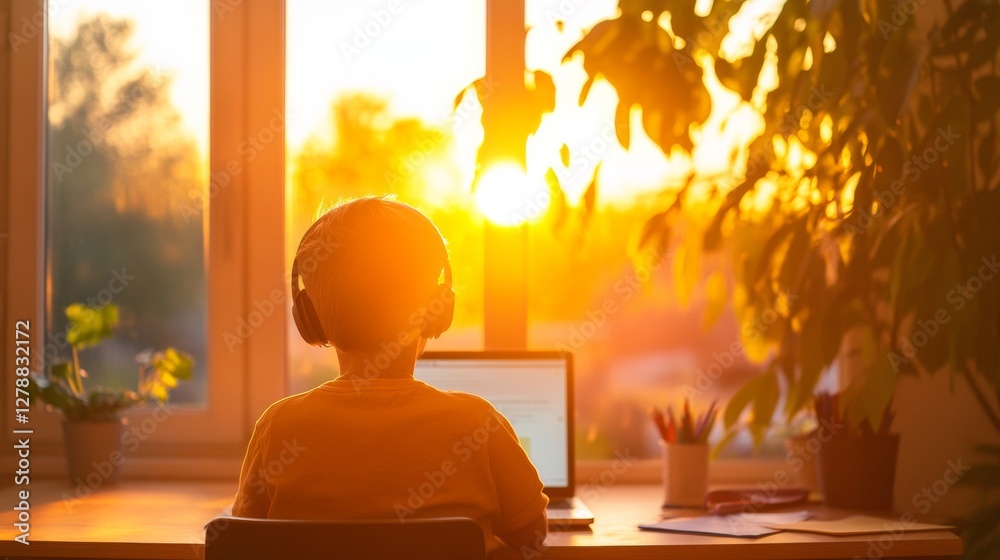 Poster sunlit virtual learning space young student with headphones at modern desk - digital education and r