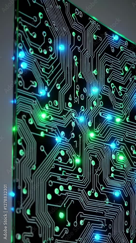 Poster futuristic circuit panels illuminating in sequence with dynamic patterns and vibrant colors
