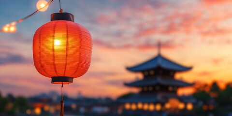 Obraz premium Vibrant Lanterns and Pagoda Silhouettes Traditional Textures in Nighttime Festival - Cultural Content for Event Marketing and Heritage Tourism Promotion