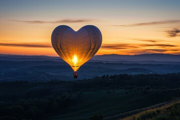 Fototapeta premium Heart-shaped hot air balloon at sunrise, drifting over the landscape, a romantic gesture against a colorful sky, symbolizing love and adventure together.