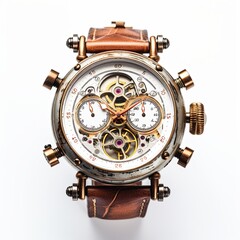 Ornate golden steampunk pocket watch isolated on white background