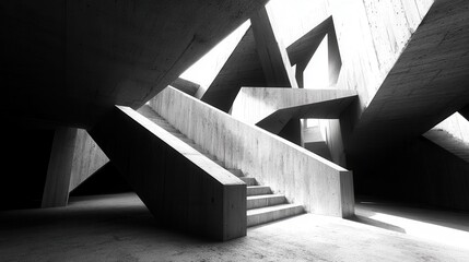 An abstract brutalism-inspired 3D render wallpaper featuring bold geometric shapes, raw textures, and a monochromatic color palette with subtle accents.