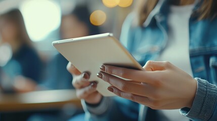 A teacher explaining a concept to students using a digital tablet