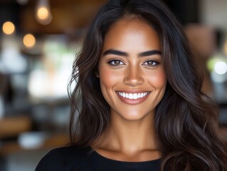 Obraz premium A woman with long brown hair smiling at the camera