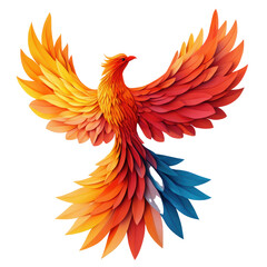 Fototapeta premium A vibrant phoenix with fiery orange and red feathers, showcasing intricate details and a striking blue tail. isolated on white background.