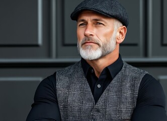 A man with a white beard wearing a black shirt and a gray vest
