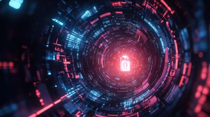 Obraz premium Cybersecurity Protection: Glowing Padlock in a Digital Data Tunnel