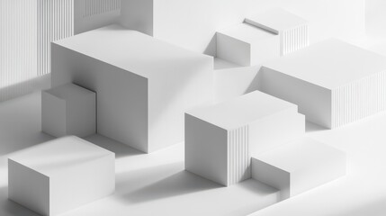 Abstract geometric blocks are arranged on a white background, rendered in three dimensions.
