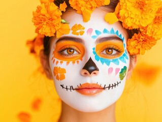 Vibrant Cinco de Mayo Aesthetic Marigold-Accented Face Paint on Woman - Spring Celebration Beauty and Event Design for Cultural Festivities