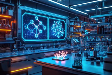 Futuristic science lab interior with glowing molecular models and advanced technology displays, conveying innovation and research in a modern setting.