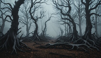 Spooky Foggy Forest with Twisted Roots