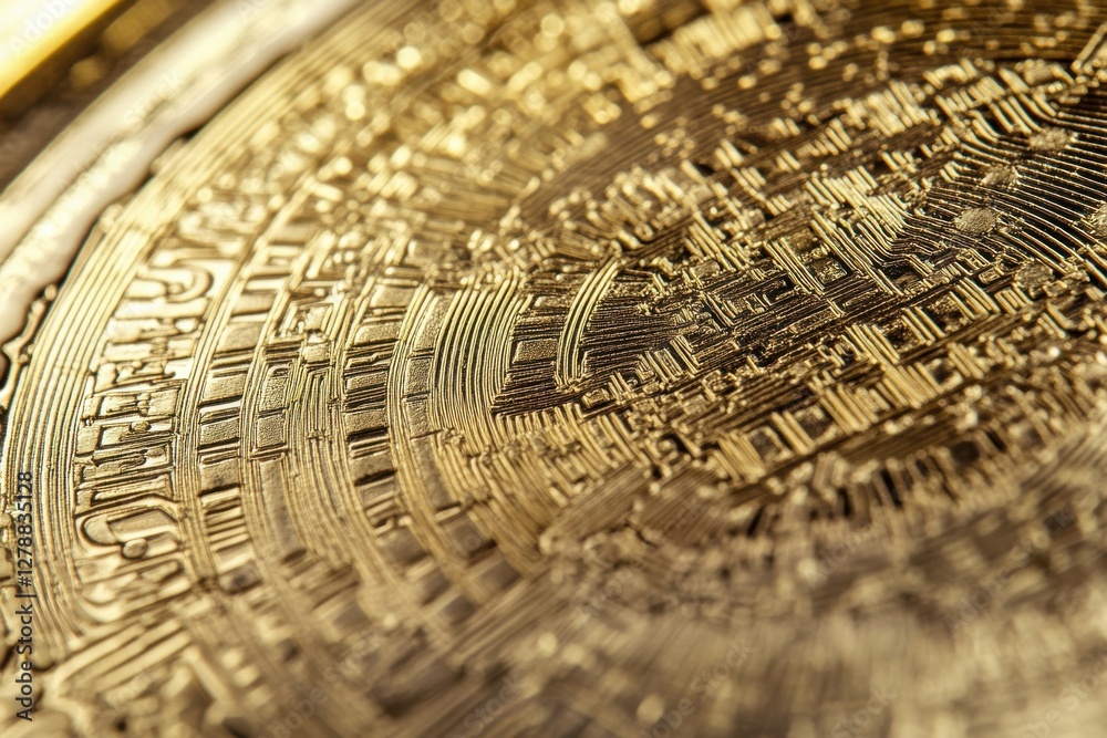 Poster extreme close-up of a golden bitcoin coin displaying intricate circuit patterns, symbolizing digital