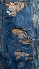 Decayed wooden surface shows peeling blue paint and raw wood