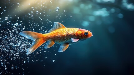 A beautiful goldfish gracefully swimming through dark blue water in an aquarium setting