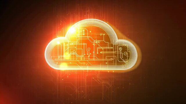 Cloud computing visual representation with glowing circuitry and digital elements