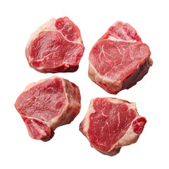 Fototapeta premium Four pieces of fresh red meat showcasing marbling and texture, ideal for cooking and culinary presentation. isolated on white background.
