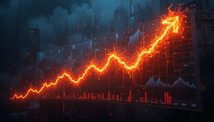 glowing upward trend line on digital graph, symbolizing growth and success in finance or technology. background features futuristic cityscape with dark clouds, enhancing dramatic effect