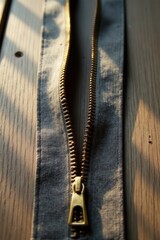 A partially open metallic zipper on grey fabric resting on a wooden surface bathed in sunlight
