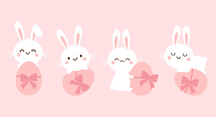 Bunny rabbit cartoons and Easter eggs icon signs on pink background vector. 