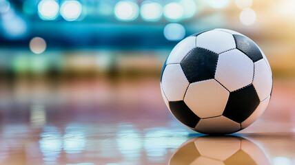 soccer ball rests on polished indoor surface, reflecting light beautifully. vibrant colors in background create dynamic atmosphere, perfect for sports enthusiasts