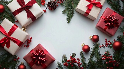 Festive Christmas gifts flat lay with copy space for holiday banners, cards, marketing, and festive designs. Ideal for e-commerce, promotions and greetings.