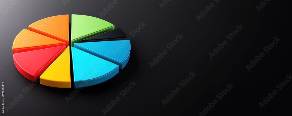 Poster a colorful pie chart on a dark background, representing data distribution and analysis visually.