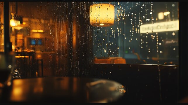Close-up shot of the window in a modern apartment with a rainy city view, a cozy sofa and a lamp on it, in the evening, with warm light from inside the room.