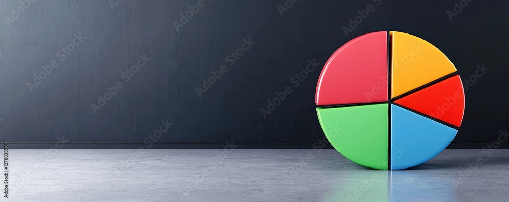 Poster a colorful pie chart rests on a smooth surface against a dark background, symbolizing data visualiza