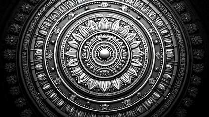 Intricate Black and White Mandala Design with Floral Patterns and Decorative Elements