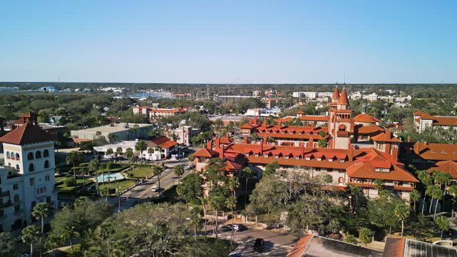 Flying West over historic St. Augustine, Florida and Plaza de la Constitucion at mid-morning, turning South with views toward Lincolnville